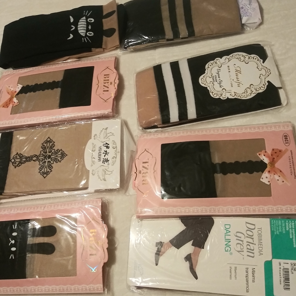 7 High knee black tights. Free transparent socks.